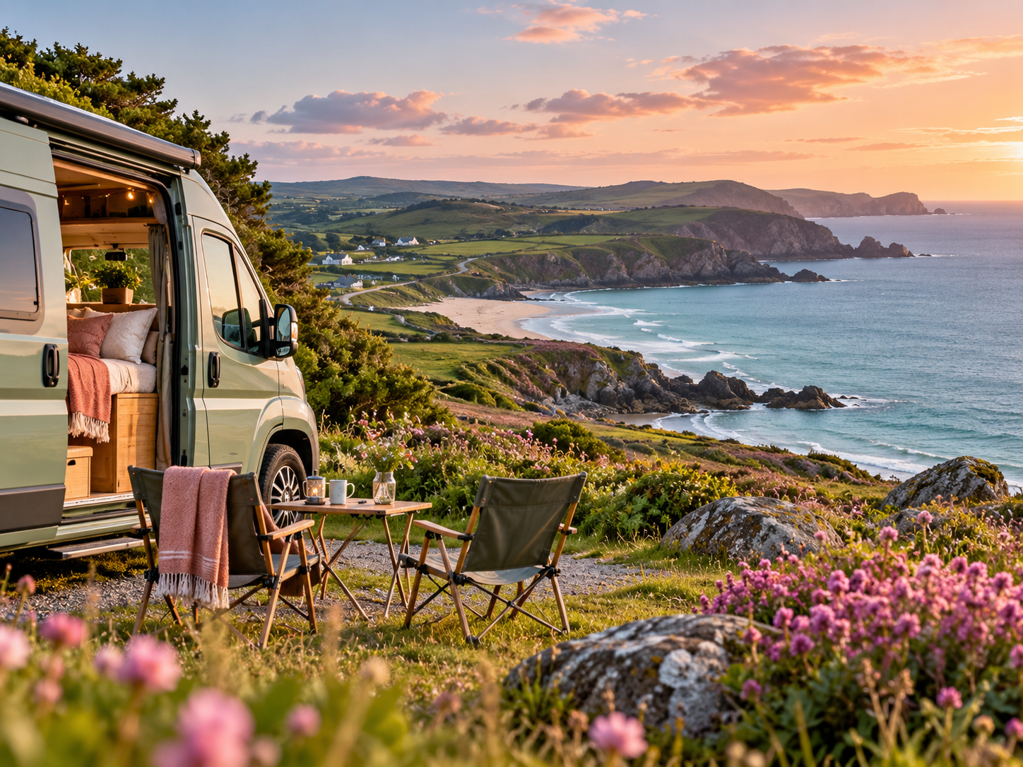 Campervan overlooking a UK coastline